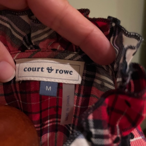 Court & Rowe Tie Ruffle Collar Flocked Dot Plaid Shirt - Picture 5 of 6